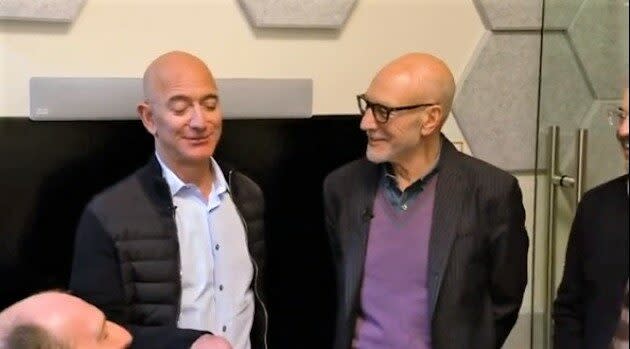 Amazon CEO Jeff Bezos and Patrick Stewart, who plays Captain Jean-Luc Picard in a new Star Trek streaming series, share a laugh during Stewart’s visit to Amazon’s Seattle headquarters. (Jeff Bezos via Instagram)