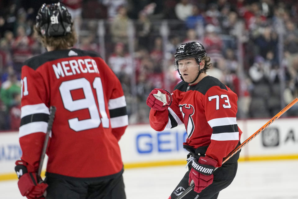 New Jersey Devils right wing Tyler Toffoli (73) reacts after scoring against the Vegas Golden Knights during the second period of an NHL hockey game, Monday, Jan. 22, 2024, in Newark, N.J. (AP Photo/Mary Altaffer)