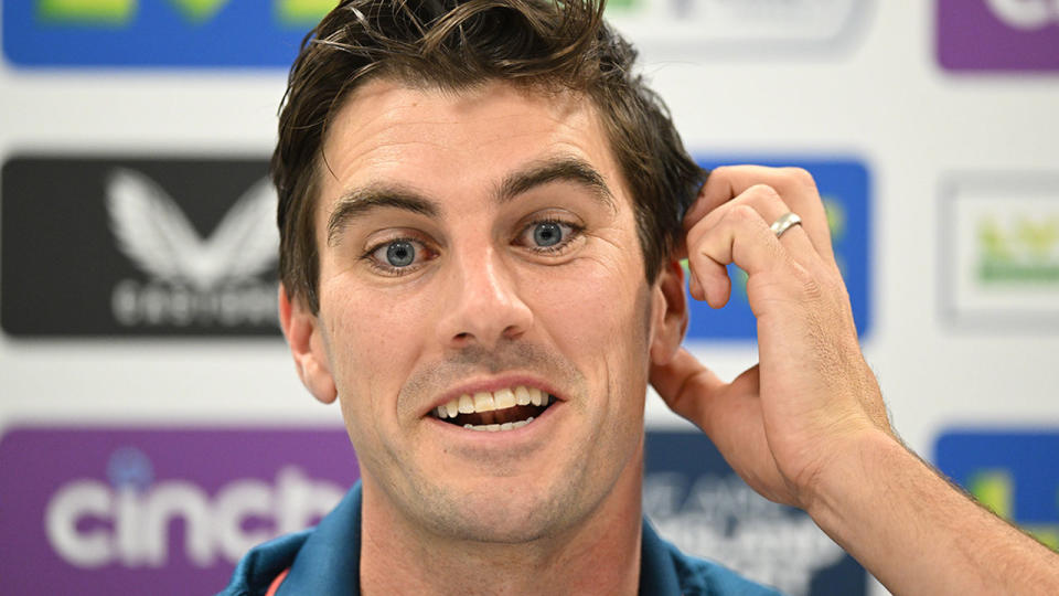 Seen here, Aussie Test cricket captain Pat Cummins speaking to the media during the Ashes. 