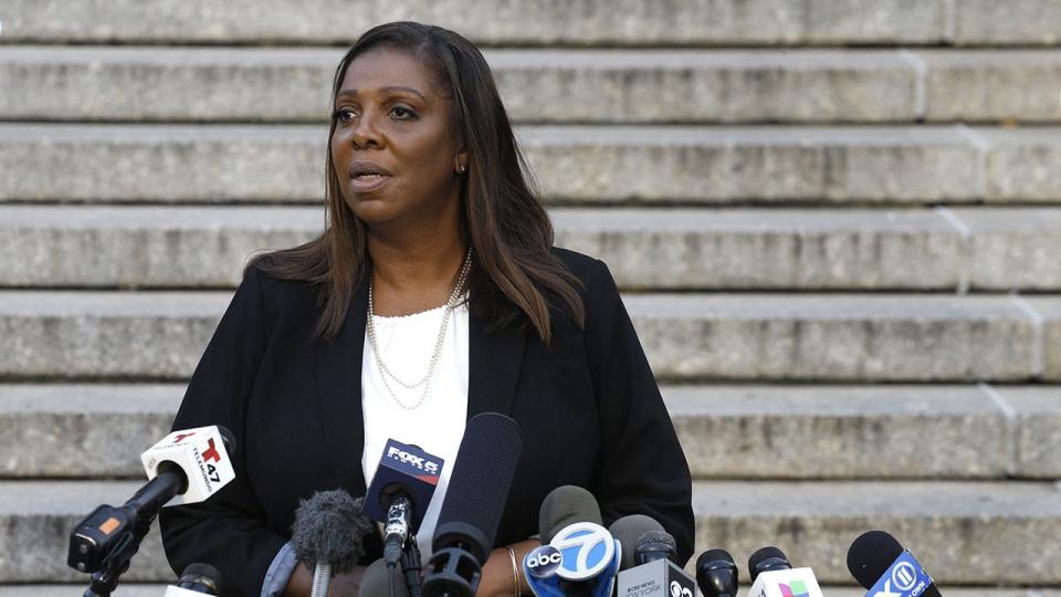 New York Attorney General Letitia James speaks outside New York Supreme Court ahead of former President Donald Trump's civil business fraud trial on October 2, 2023 in New York. New York Attorney General Letitia James said Monday that 