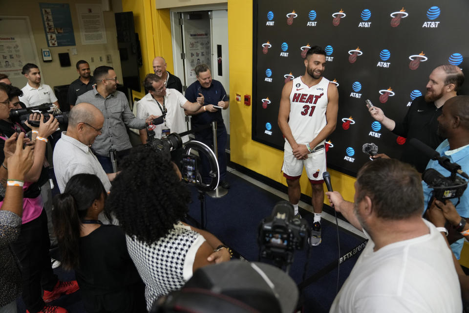 Miami Heat's Max Strus talks to journalists during the NBA basketball team's Media Day in Miami, Monday, Sept. 26, 2022. (AP Photo/Rebecca Blackwell)