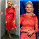 <b>Tess Daly, Strictly Come Dancing, Sun 9th Dec </b><br><br>Tess was on-trend in a red lace Matthew Williamson AW12 dress, Kurt Geiger shoes and Astley Clarke ring.<br><br>© Twitter/TessDalyUK / BBC