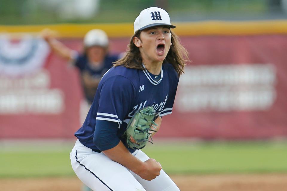 Westerly freshman pitcher Michael Poole reacts after striking out the final batter of the game, securing his four-hit shutout and the Bulldogs' 2-0 win over Narragansett in Game 3 of the Division II championship in 2022. On Friday, he threw of four-hit shutout as Westerly defeated Barrington, 1-0.