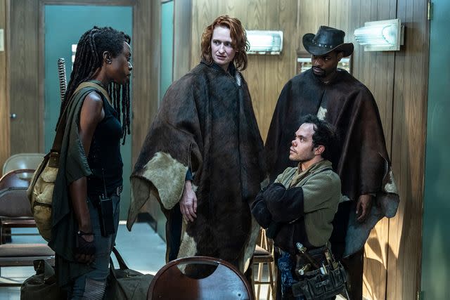 <p>Gene Page/AMC</p> Danai Gurira, Breeda Wool, Matthew August Jeffers, and Andrew Bachelor on 'The Walking Dead: The Ones Who Live'