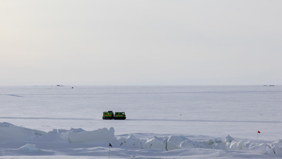 Hagglunds on the sea ice near Scott Base in Antarctica, Thursday, Oct. 27, 2022. (Mike Scott/NZ Herald via AP, Pool)