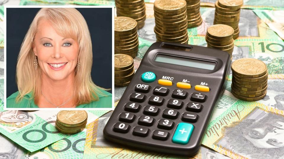 Carey Furze smiles at the camera in business style photo, image of Australian $100 notes and coins with calculator. 