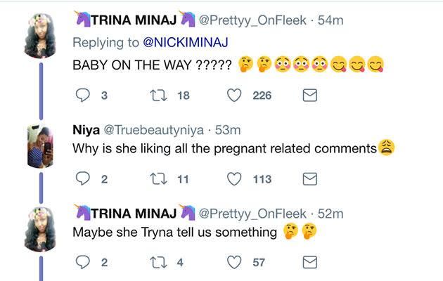 Fans were quick to pick up on the fact that Nicki liked pregnancy related tweets. Source: Twitter