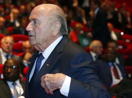 FIFA President Sepp Blatter arrives for the opening ceremony of the 65th FIFA Congress in Zurich, Switzerland, May 28, 2015. REUTERS/Arnd Wiegmann