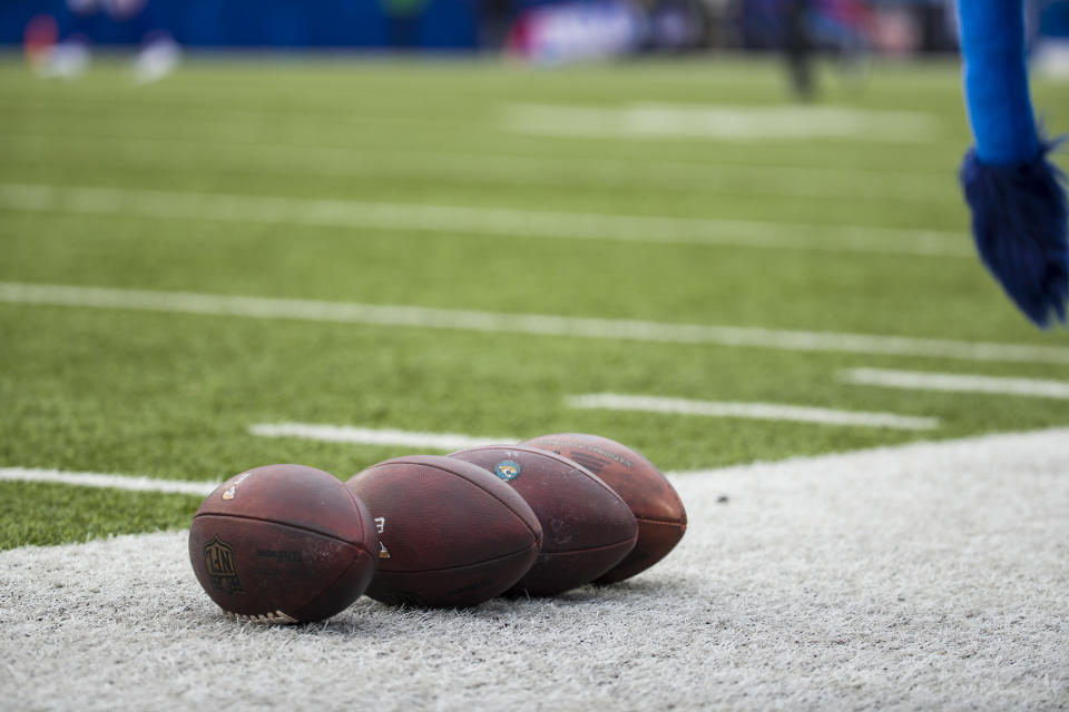 ORCHARD PARK, NY - NOVEMBER 25:  Wilson NFL footballs rest on the sideline before the game between the Buffalo Bills and the Jacksonville Jaguars at New Era Field on November 25, 2018 in Orchard Park, New York. Buffalo defeats Jacksonville 24-21.  (Photo by Brett Carlsen/Getty Images) *** Local Caption ***