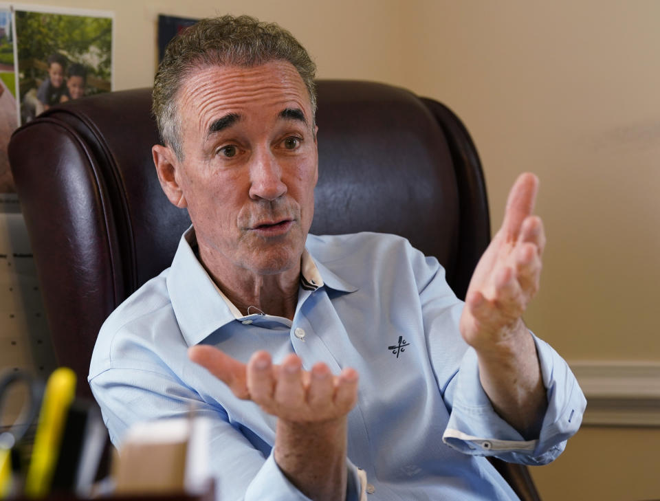 Virginia state Sen. Joe Morrissey gestures during an interview in his office, Monday, May 22, 2023, in Richmond, Va. Morrissey is being challenged in a Democratic primary for a newly redrawn senatorial district by former Delegate Lashrecse Aird. (AP Photo/Steve Helber)