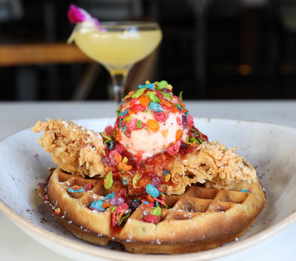 On the brunch menu at American Social pub in Boca Raton: Fruity Pebbles chicken and waffle with maple mascarpone and habanero-strawberry jam.