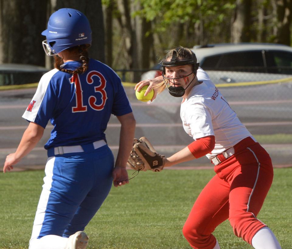 Norwich Free Academy shortstop Madison Waltke forces out Waterford's Lily Marelli at Depina Field in Norwich.