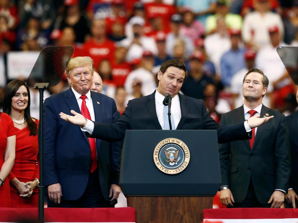 Florida Gov. Ron DeSantis speaks about President Donald Trump during a campaign rally Tuesday, November 26, 2019, in Sunrise, Florida.