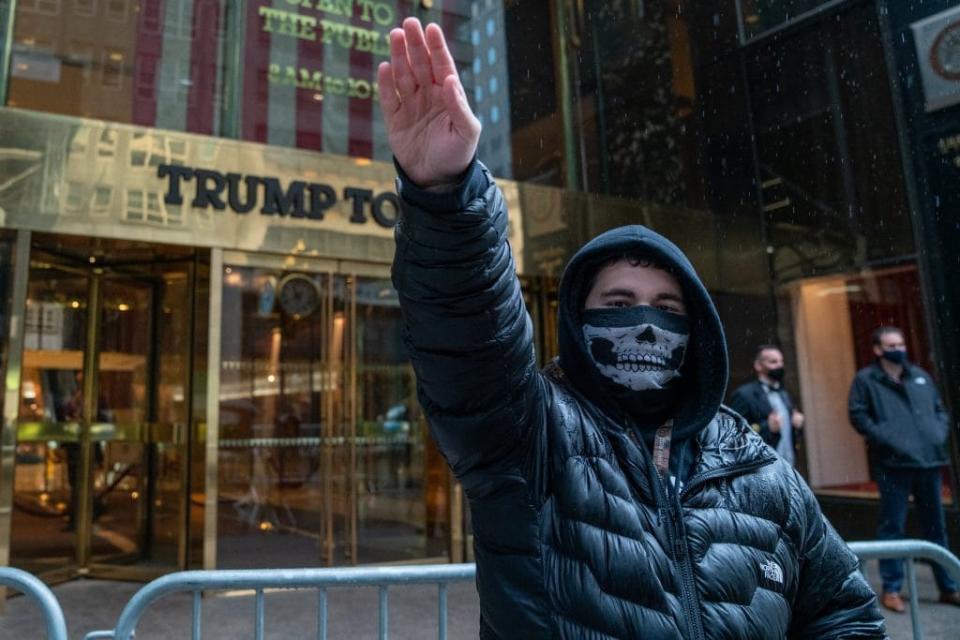 One single person arrived at Trump Tower for a “White Lives Matter” march and rally on April 11, 2021 in New York City. (Photo by David Dee Delgado/Getty Images)