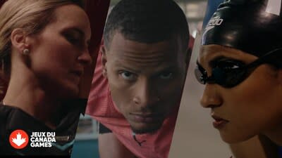 Alumni Marie-Philip Poulin (left), Andre De Grasse (centre) and Katarina Roxon (right) star in new Canada Games brand campaign. (CNW Group/Canada Games Council)