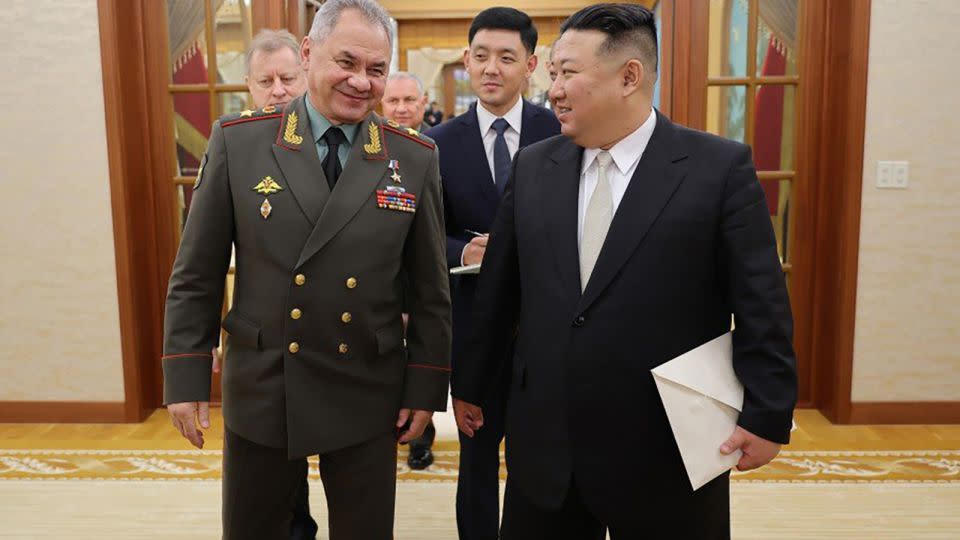 North Korean leader Kim Jong Un with Russian Defense Minister Sergei Shoigu in Pyongyang on July 26, 2023. - KCNA