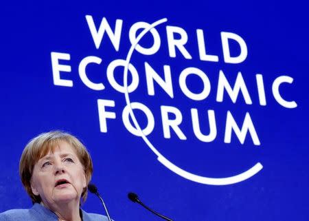 German Chancellor Angela Merkel addresses a speech during the World Economic Forum (WEF) annual meeting in Davos, Switzerland January 24, 2018. REUTERS/Denis Balibouse