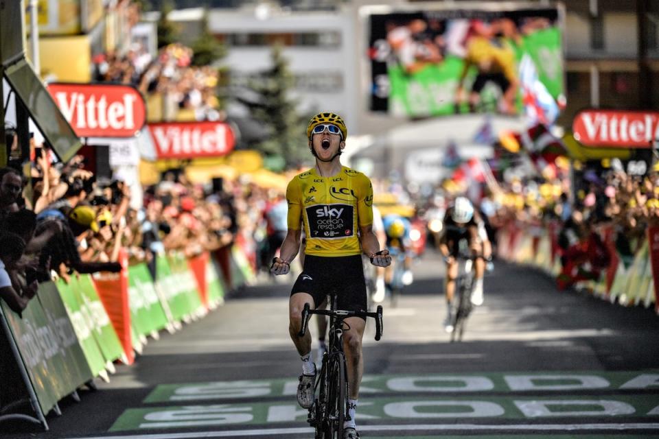 Geraint Thomas celebrates as he crosses the finish line in 2018 (Getty Images)