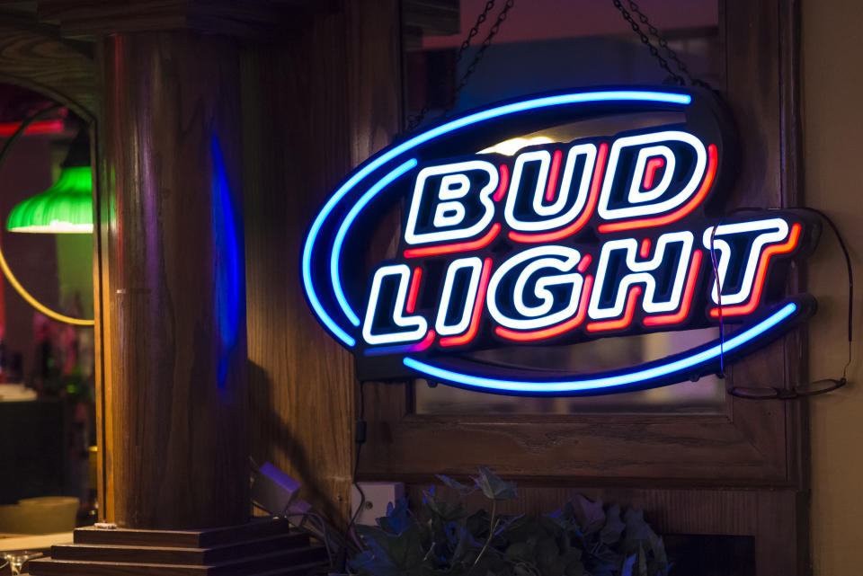NEW YORK CITY, NEW YORK, UNITED STATES - 2015/10/17: Signage of Bud light outside a bar in New York City, United States.

Bud Light is Budweiser&#39;s flagship light beer with 4.2% ABV. The brand is owned by Anheuser-Busch which is the largest brewing company in the United States. (Photo by Roberto Machado Noa/LightRocket via Getty Images)