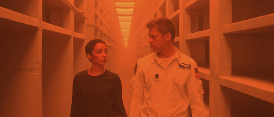 This image released by 20th Century Fox shows Ruth Negga, left, and Brad Pitt in a scene from "Ad Astra," in theaters on Sept. 20. (20th Century Fox via AP)