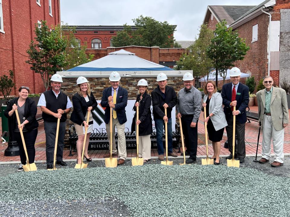 Mainstreet Waynesboro Inc. held a ground-breaking ceremony in June for the next phase of its 21 E. Main St. Redevelopment Project. Pictured, from left, are Christie Yerger from the Pennsylvania Department of Community and Economic Development; Greg Duffey, past board president; Alexandra Sipe, current board president; Bill Kohler, director of economic development; Carrie du Breuil of Waynesboro Construction; Paul Gunder, past board president; Don Smith, project designer and architect; Nancy Bull from U.S. Rep. John Joyce’s office; Franklin County Commissioner Robert Ziobrowski; and Waynesboro Mayor Richard Starliper.