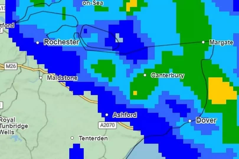 Heavy rain will arrive in Kent from the early afternoon (Weather map for Kent at 2.45pm on Tuesday May 21 pictured)