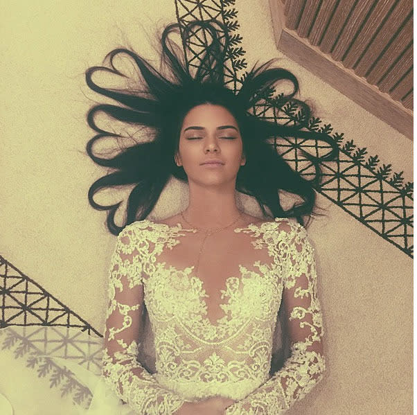 <p>She's not only one of the most sought after models in the world, but she's also the queen of Instagram. This photo of Kendall lying on the floor in a white bridal gown with her hair contorted into love hearts has a whopping 3.1 million likes on the social media page. The reality star turned model has 38.2 million followers and lives once of the most glamorous lives on the web.</p>