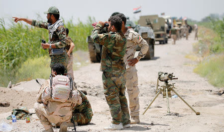 Shi'ite fighters and Iraqi security forces keep watch near Falluja, Iraq, May 25, 2016. REUTERS/Thaier Al-Sudani