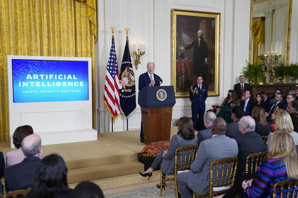 President Joe Biden delivers remarks about government regulations on artificial intelligence systems during an event in the East Room of the White House, Monday, Oct. 30, 2023, in Washington