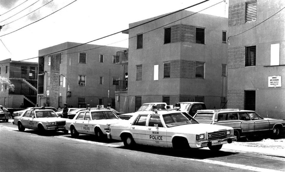 Police cars line up in Miami in the 1980s.