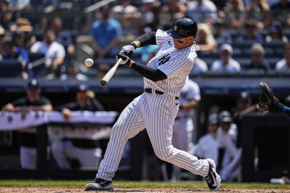 New York Yankees'  Anthony Rizzo hits a home run during the third inning of a baseball game against the Kansas City Royals, Sunday, July 23, 2023, in New York.  (AP Photo/Frank Franklin II)