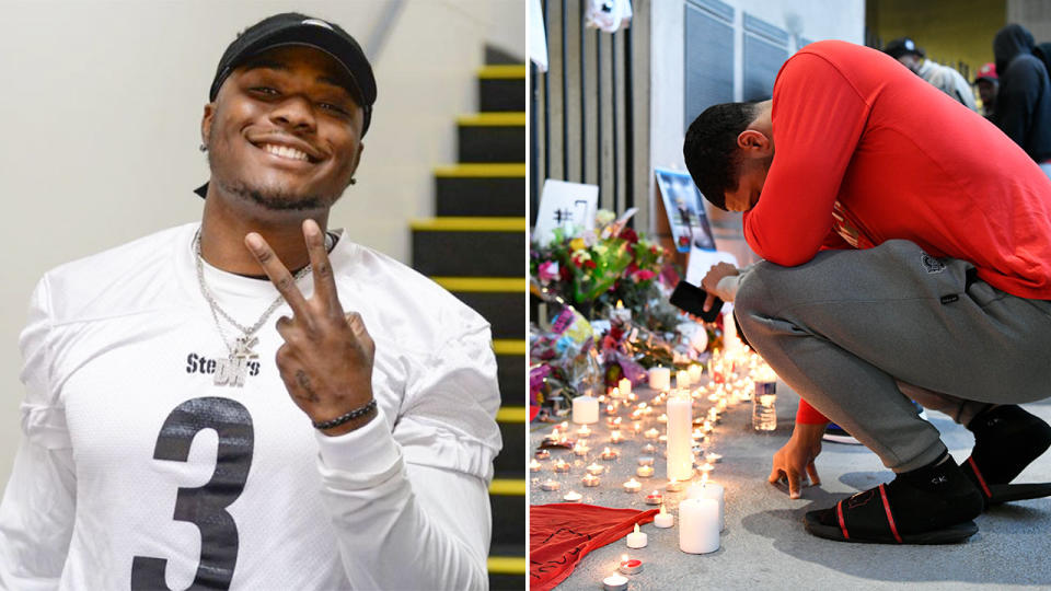 Pictured right, mourners attend a candlelit vigil for late Pittsburgh Steelers quarterback Dwayne Haskins.