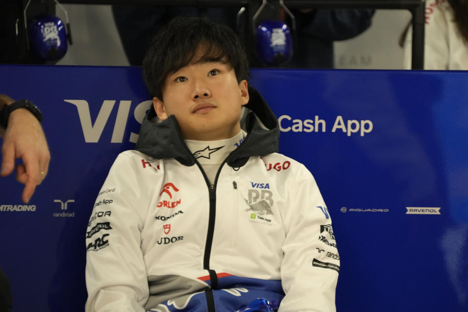 Yuki Tsunoda of Japan, driver of RB, the team previously known as AlphaTauri waits in the garage before the second free practice session at the Suzuka Circuit in Suzuka, central Japan, Friday, April 5, 2024, ahead of Sunday's Japanese Formula One Grand Prix. About two dozen Japanese drivers have raced in Formula 1 over almost 50 years, and success has been limited. (AP Photo/Hiro Komae)