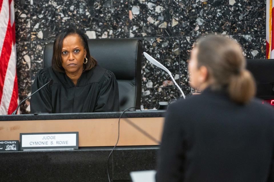 Judge Cymonie Rowe of the 15th Circuit looks on at Renee Shivola, public defender for Xavier Lewis, who was found guilty of second-degree murder in a 2021 shooting in Boynton Beach, during Lewis' sentencing hearing on Wednesday, March 1, 2023, in downtown West Palm Beach, FL.