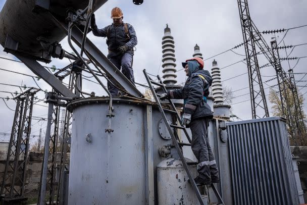 PHOTO: Workers repair infrastructure in a power plant that was damaged by a Russian air attack in October, in Kyiv, Ukraine, Nov. 04, 2022.  (Ed Ram/Getty Images)