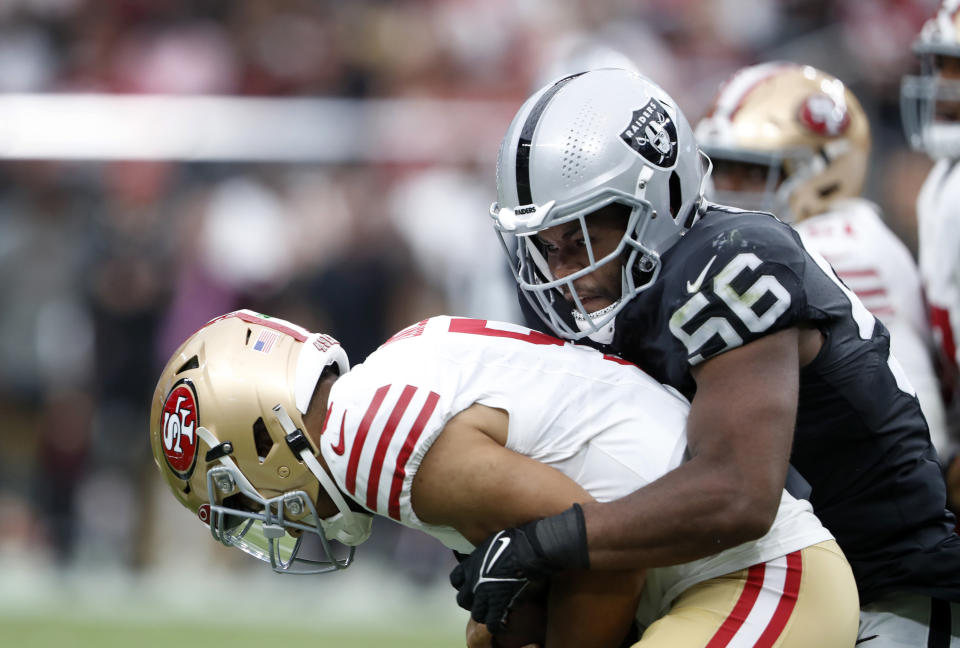 LAS VEGAS, NEVADA – AUGUST 13: Linebacker Amari Burney #56 of the Las Vegas Raiders sacks quarterback Trey Lance #5 of the San Francisco 49ers during the second quarter of a preseason game at Allegiant Stadium on August 13, 2023 in Las Vegas, Nevada. (Photo by Steve Marcus/Getty Images)