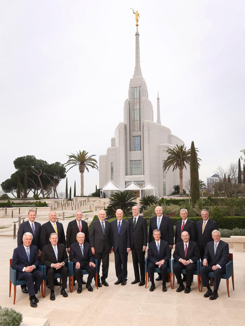 The entire First Presidency and Quorum of the Twelve Apostles pose for an iconic photograph at the Rome Italy Temple in 2019.