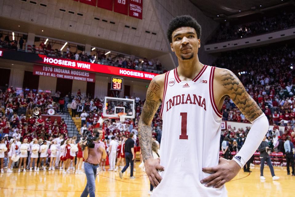 Mar 10, 2024; Bloomington, Indiana, USA; Indiana Hoosiers center Kel'el Ware (1) after the game against the Michigan State Spartans at Simon Skjodt Assembly Hall.