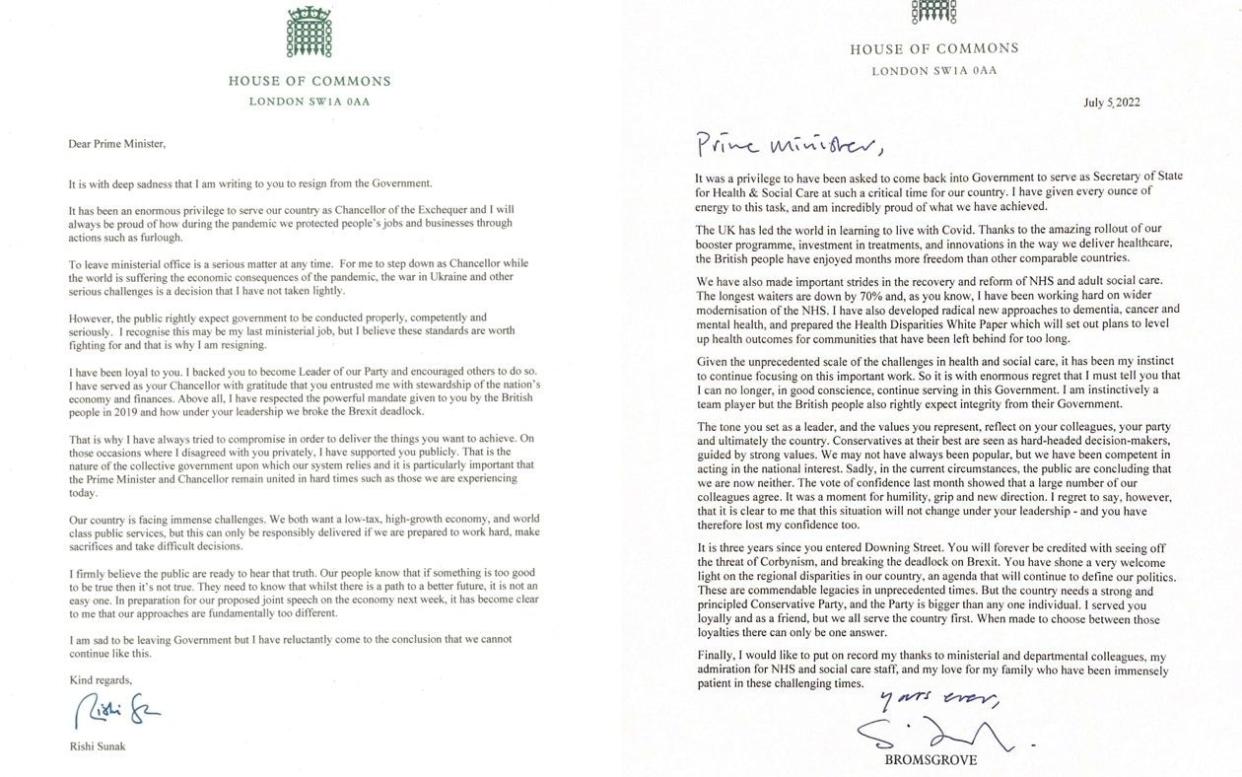 The resignation letters from Rishi Sunak and Sajid Javid