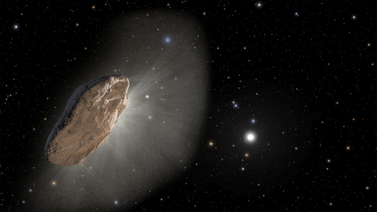  Artist's illustration of a pancake-shaped comet in deep space outgassing a whitish cloud of hydrogen. 