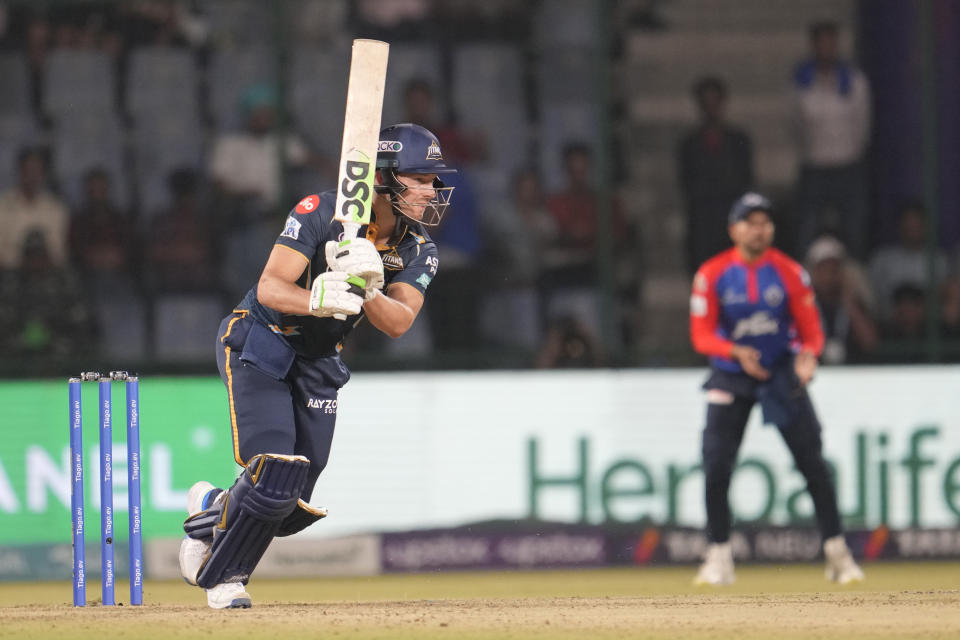 Gujarat Titans' David Miller plays a shot during the Indian Premier League (IPL) cricket match between Delhi Capitals and Gujarat Titans in New Delhi, India, Tuesday, April 4, 2023. (AP Photo/Manish Swarup)