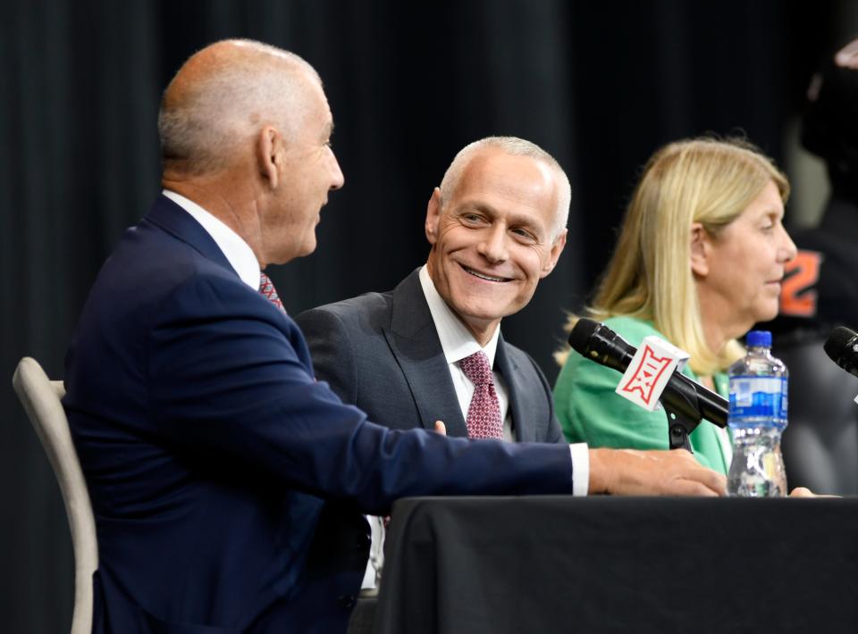 Big 12 Commissioner Brett Yormark, center, told the Lubbock Avalanche-Journal last week that he's not sure what the ideal number of schools will be for the conference.