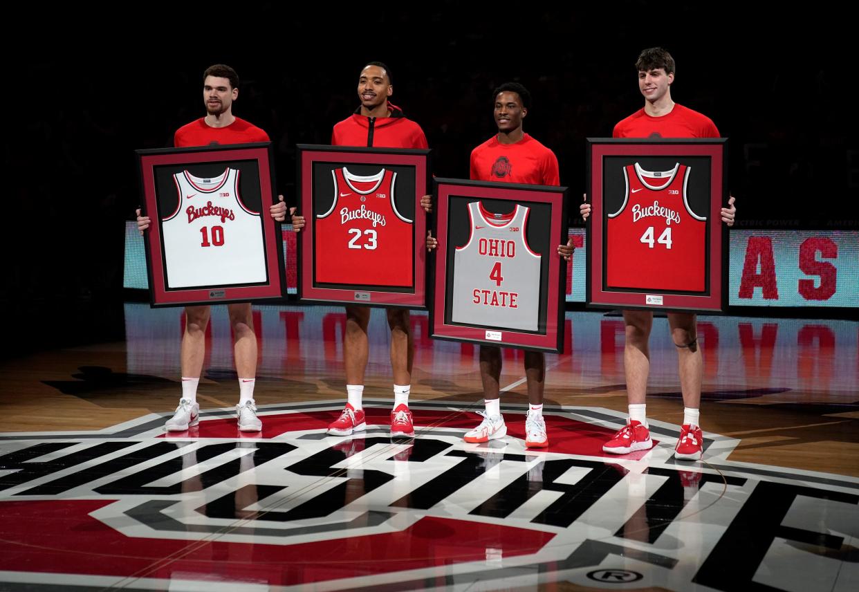 Mar 3, 2024; Columbus, OH, USA; Ohio State Buckeyes forward Jamison Battle (10), Ohio State Buckeyes forward Zed Key (23), Ohio State Buckeyes guard Dale Bonner (4) and Ohio State Buckeyes forward Owen Spencer (44) stand for a portrait for Senior Day before their NCAA Division I Mens basketball game at Value City Arena.