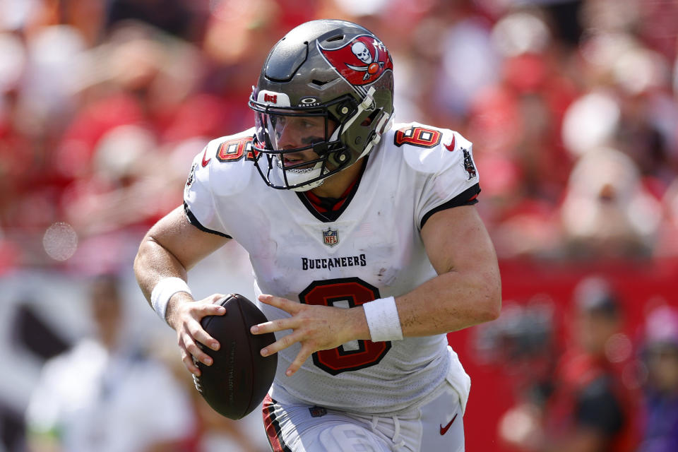 Baker Mayfield of the Tampa Bay Buccaneers is off to a good start this season and his team is 2-0. (Photo by Mike Ehrmann/Getty Images)