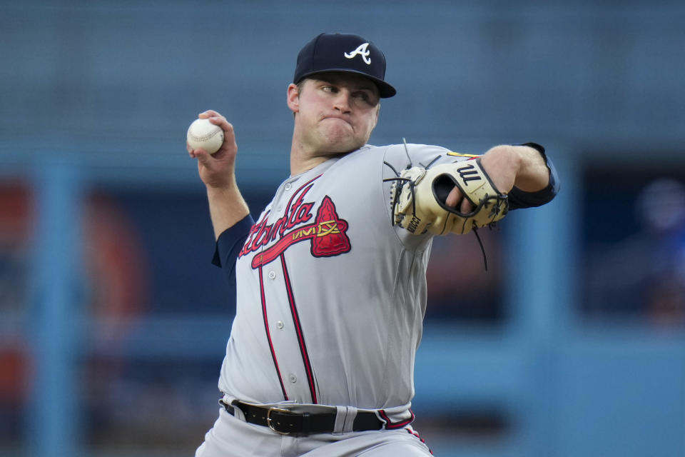 Atlanta Braves starting pitcher Bryce Elder throws to a Los Angeles Dodgers batter during the first inning of a baseball game Saturday, Sept. 2, 2023, in Los Angeles. (AP Photo/Jae C. Hong)