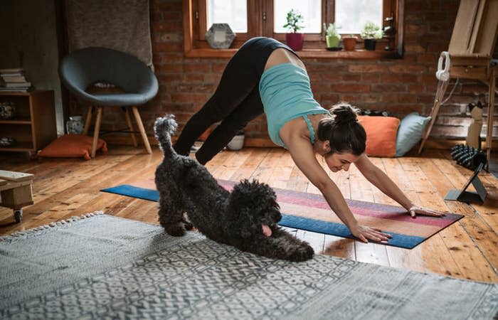 A woman stretching with her dog