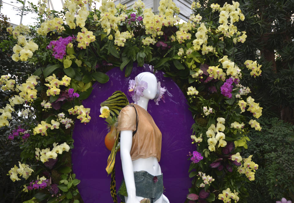 A fashion-creation inspired by nature from FLWR PSTL created by Kristen Alpaugh in "The Orchid Show: Florals in Fashion" at The New York Botanical Garden, Saturday, Feb. 17, 2024, in the Bronx borough of New York. The exhibition is on through April 21, 2024. (AP Photo/Pamela Hassell)
