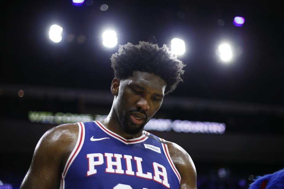 Philadelphia 76ers' Joel Embiid walks off the court after an NBA basketball game against the Atlanta Hawks, Monday, Feb. 24, 2020, in Philadelphia. (AP Photo/Matt Slocum)