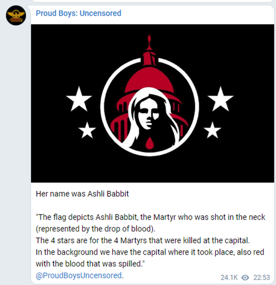 This screenshot of a Telegram posting on Proud Boys: Uncensored depicts as a martyr Ashli Babbit, the San Diego woman and Iraq war veteran shot to death during the storming of the Capitol. She championed QAnon, which holds that the Washington elite worship Satan and engage in sex trafficking of children.