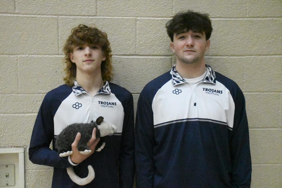Chambersburg wrestling's Zach Sherman and Aiden Hight pose for a photo at Mid-Penn Media Day at Cumberland Valley High School on Tuesday, November 7, 2023.
